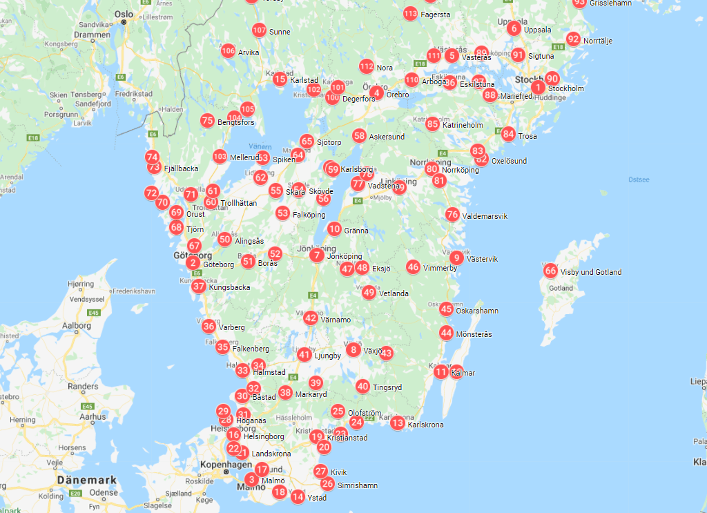 Karte von Schweden - 150 beliebte Reiseziele - Schwedentipps.se